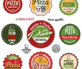 Colored pizza labels with badges retro vector 01