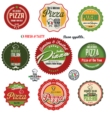 Colored pizza labels with badges retro vector 01