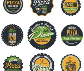Colored pizza labels with badges retro vector 02