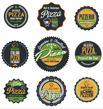 Colored pizza labels with badges retro vector 02