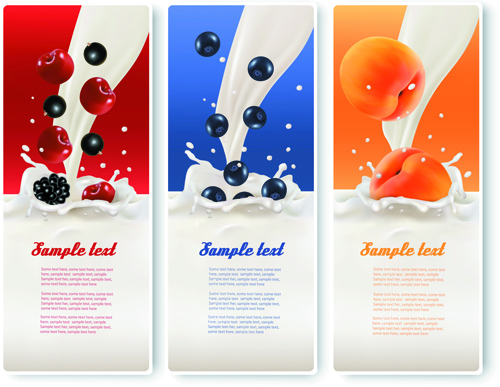Fruits with milk vertical banner vector set 02