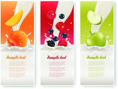 Fruits with milk vertical banner vector set 03