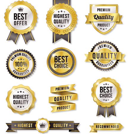 Gold labels with gray ribbon vector