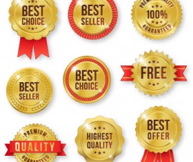 Golden premium quality labels with red ribbon vector 02