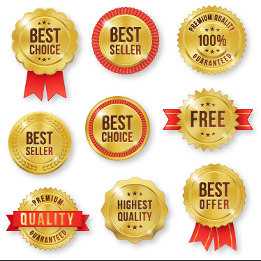 Golden premium quality labels with red ribbon vector 02