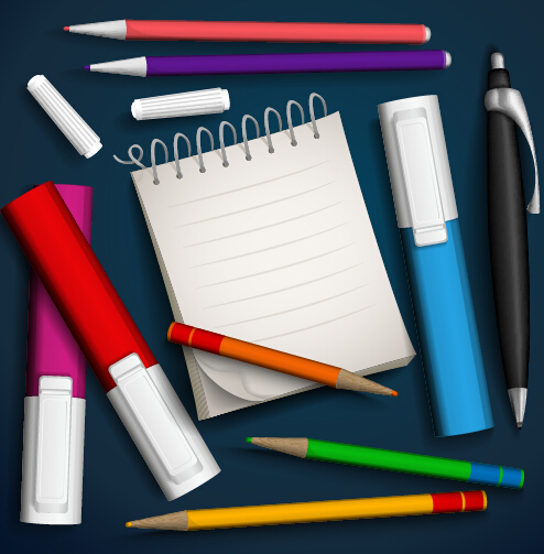 Marker pencils pen and notebook vector material