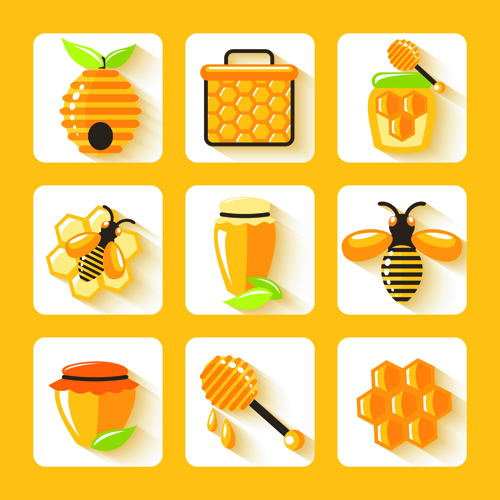 Shiny bee honey icons vector material