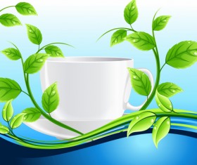 Shiny cup and green leaves vector background 01