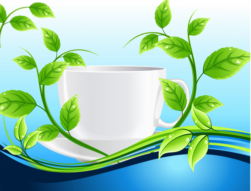 Shiny cup and green leaves vector background 01