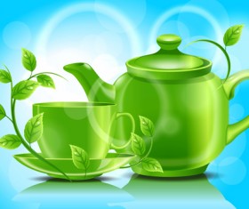 Teacup teapot and green leaves background vector 01