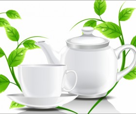 Teacup teapot and green leaves background vector 02
