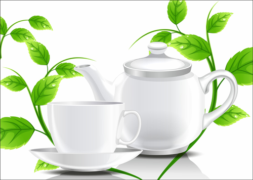 Teacup teapot and green leaves background vector 02