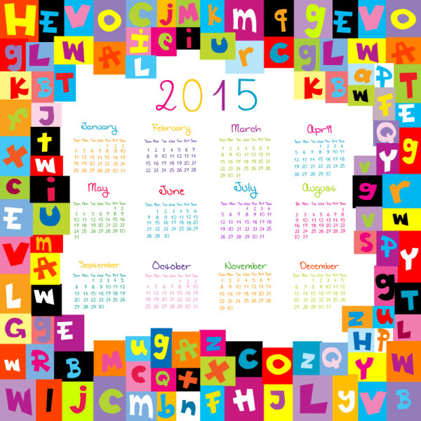 2015 calendar with colored alphabet vector