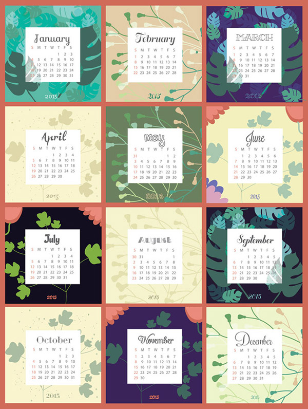 2015 calendar with leaves background vector