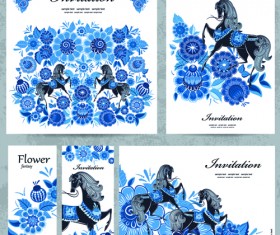 Blue floral with horse pattern cards vector