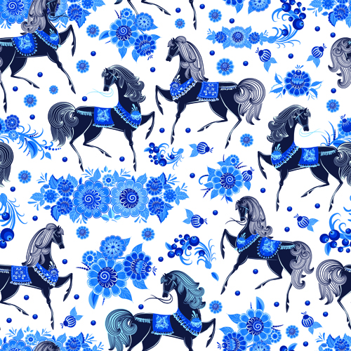 Blue ornaments floral pattern vector material 04