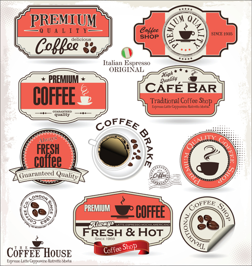 Classic coffee house sticker with labels vector