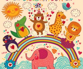 Cute cartoon floral animals pattern vector set 02