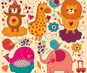 Cute cartoon floral animals pattern vector set 11
