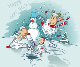 Cute sheeps with snowman new year background