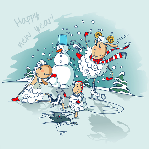 Cute sheeps with snowman new year background