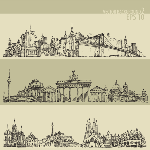 Hand drawing city retro background vector 02