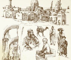 Hand drawn old town vector material set 04