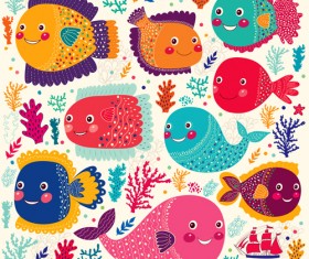 Marine elements and fish floral background vector 01