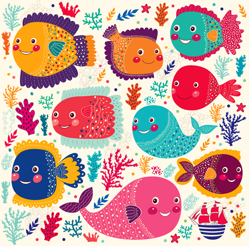 Marine elements and fish floral background vector 01