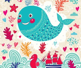 Marine elements and fish floral background vector 02