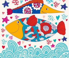Marine elements and fish floral background vector 03