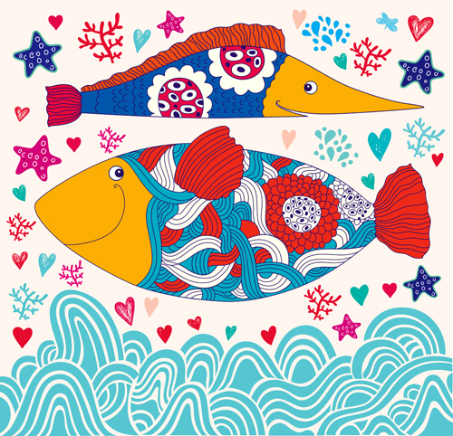 Marine elements and fish floral background vector 03