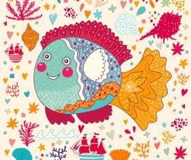 Marine elements and fish floral background vector 04