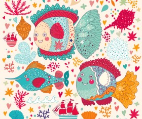 Marine elements and fish floral background vector 05
