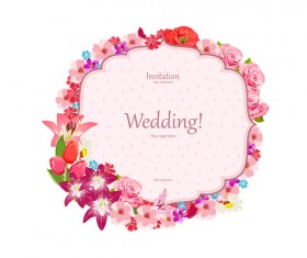 Pink flower frame wedding invitation cards vector 02