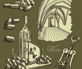 Retro hand drawn wine elements vector collection 01