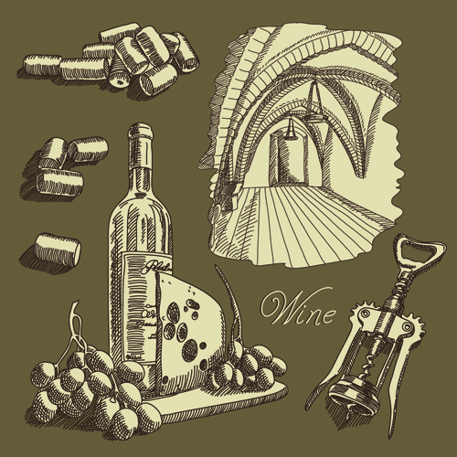 Retro hand drawn wine elements vector collection 01
