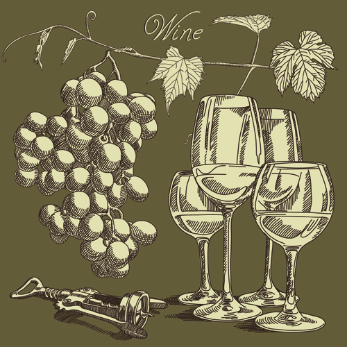 Retro hand drawn wine elements vector collection 02