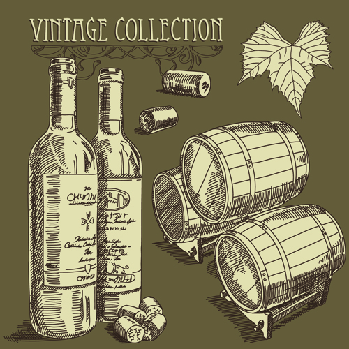 Retro hand drawn wine elements vector collection 03