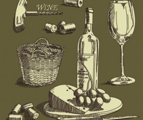 Retro hand drawn wine elements vector collection 04