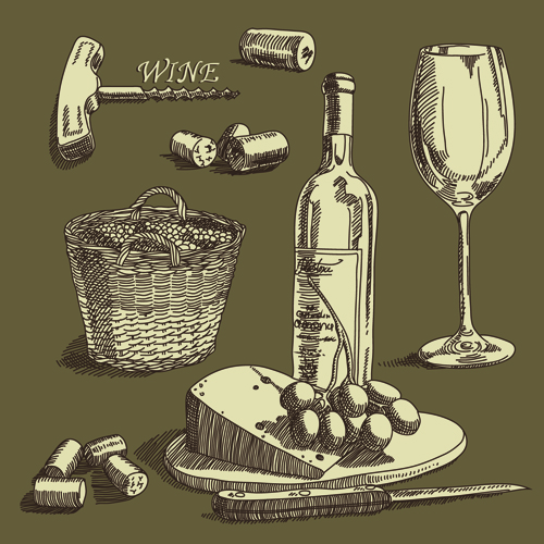 Retro hand drawn wine elements vector collection 04