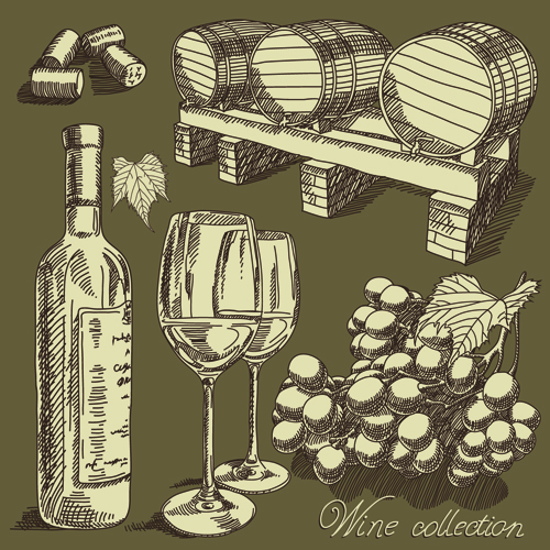 Retro hand drawn wine elements vector collection 05