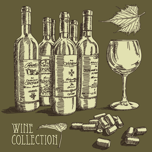 Retro hand drawn wine elements vector collection 06