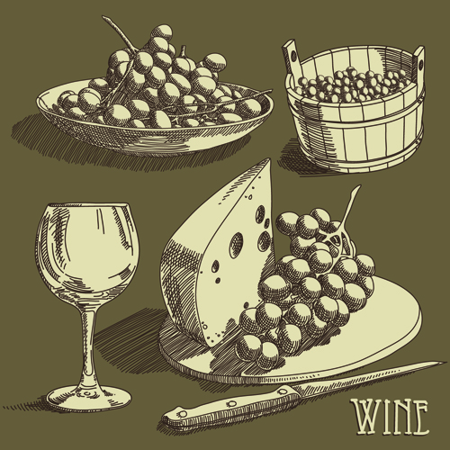 Retro hand drawn wine elements vector collection 07