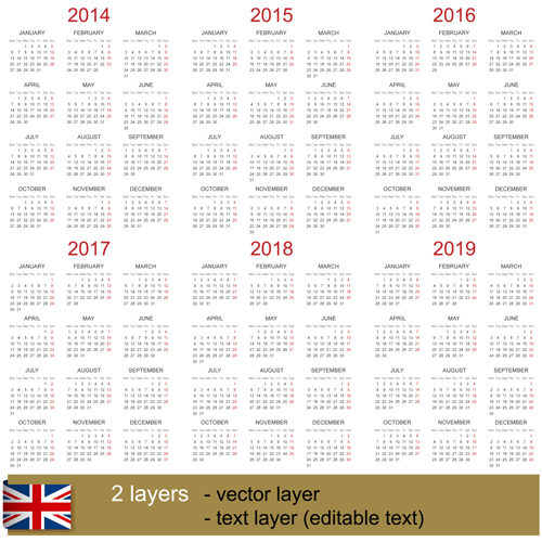 Simple white calendar 2014-2019 vector material