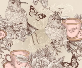Vintage flower and birds background art vector 02
