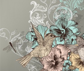 Vintage flower and birds background art vector 03