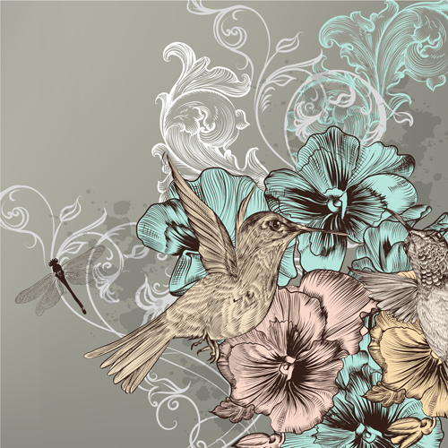 Vintage flower and birds background art vector 03