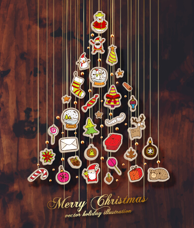 2015 Christmas baubles with dark wood background vector 01