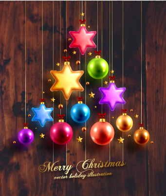 2015 Christmas baubles with dark wood background vector 02
